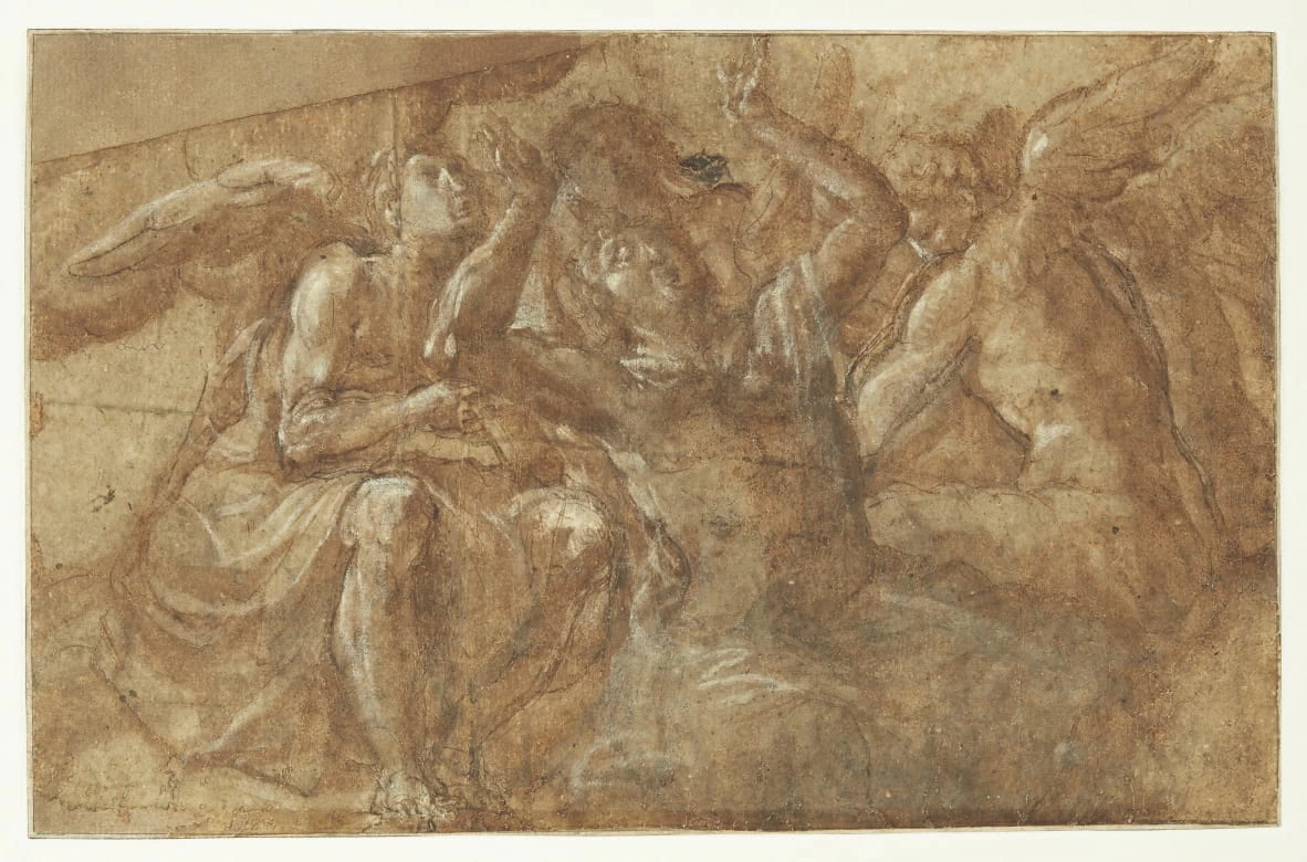 Un uomo impiccato con le mani alzate circondato da angeli - Statens Museum for Kunst